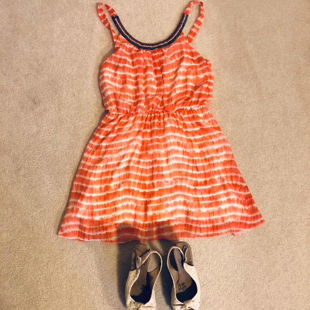 Coral & white striped dress with bohemian beading